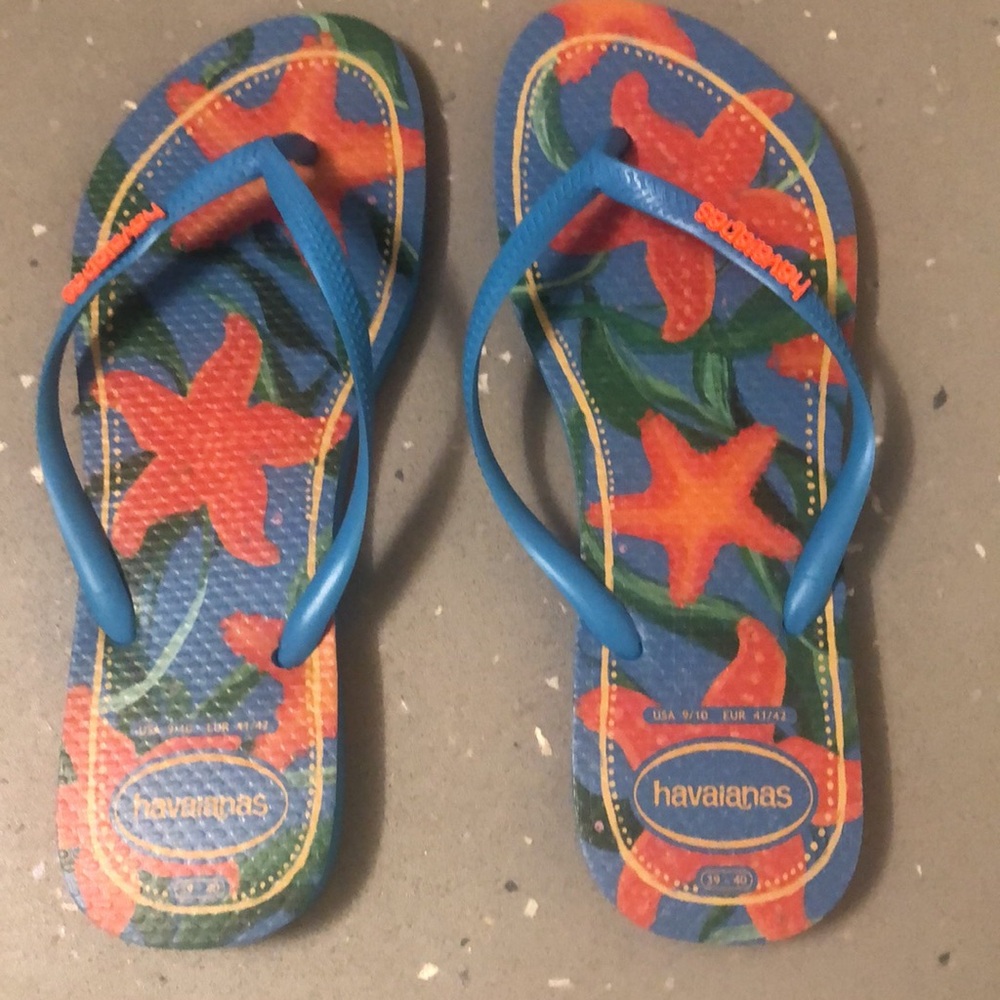Havaianas Kids Blue Flip Flops with Orange Starfish Pattern